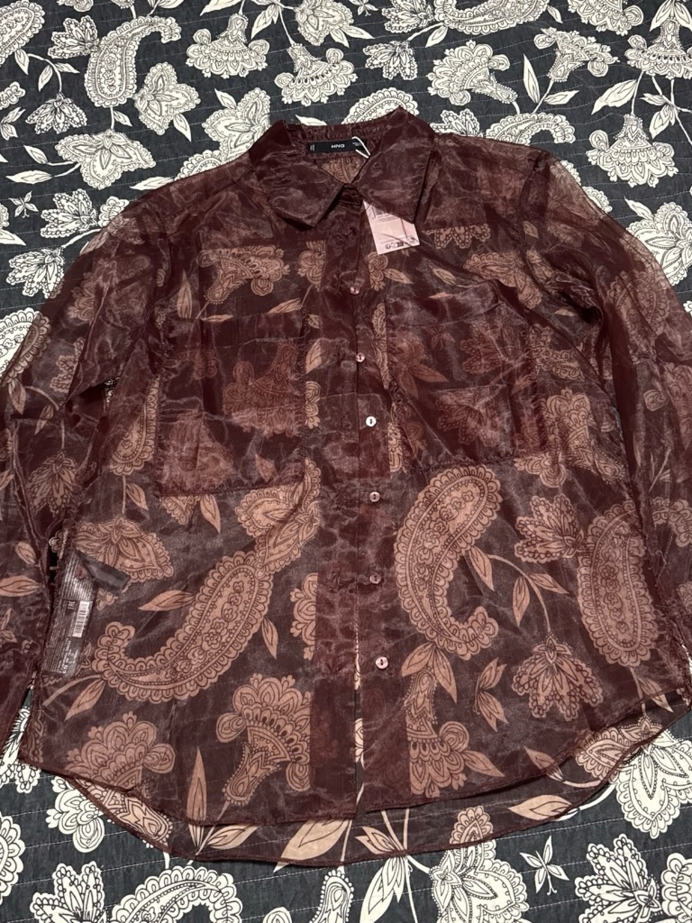 Mango Sheer Paisley Button-Front Shirt Jacket in Brown